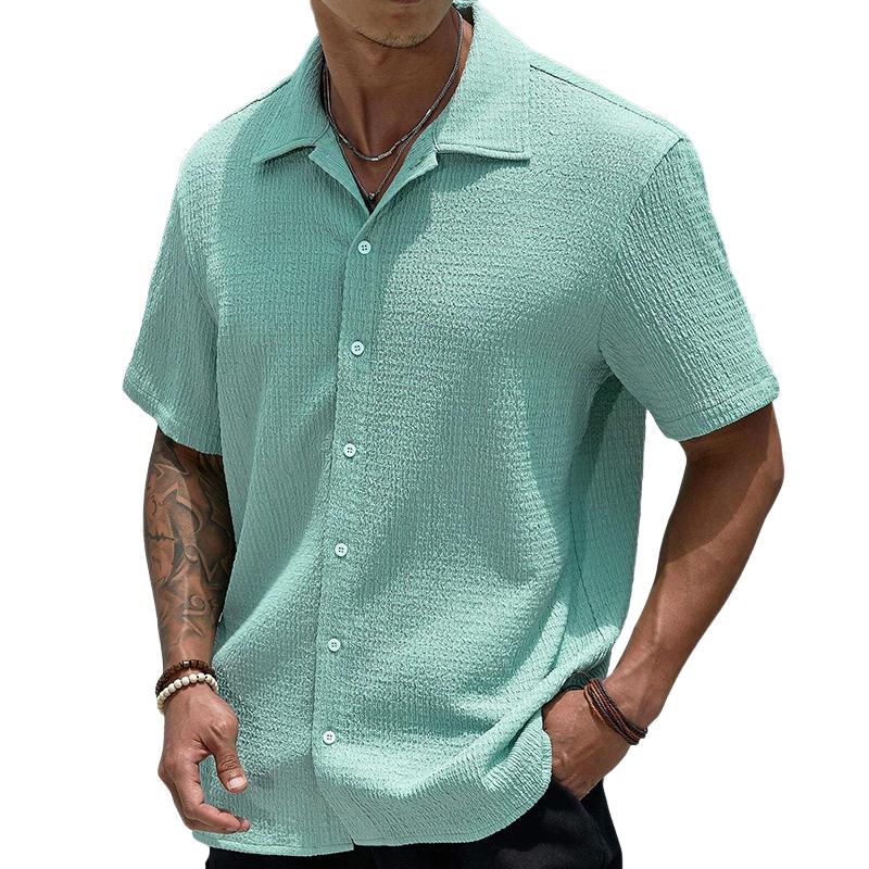 Men's Casual Solid Color Pleated Lapel Slim Fit Short Sleeve Shirt 30281622M