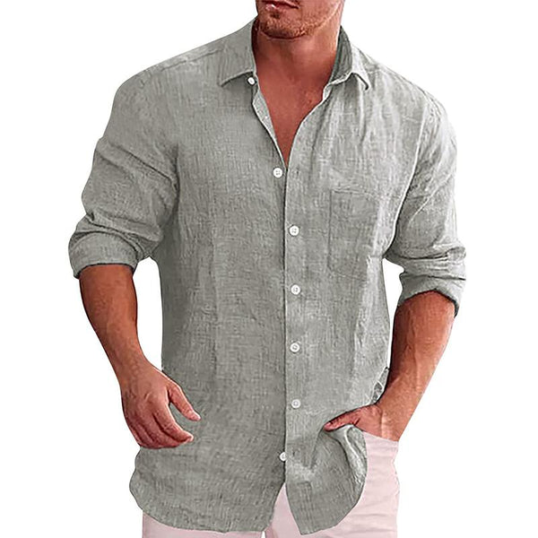 Men's Solid Lapel Pocket Single Breasted Long Sleeve Linen Casual Shirt 16898700Z