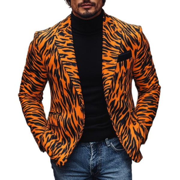 Men's Stylish Notch Lapel Tiger Pattern Print Single Breasted Slim Fit Blazer 36180217M