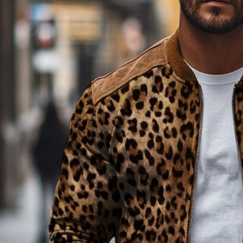 Men's Vintage Casual Leopard Print Zip-Up Bomber Jacket 71306090TO