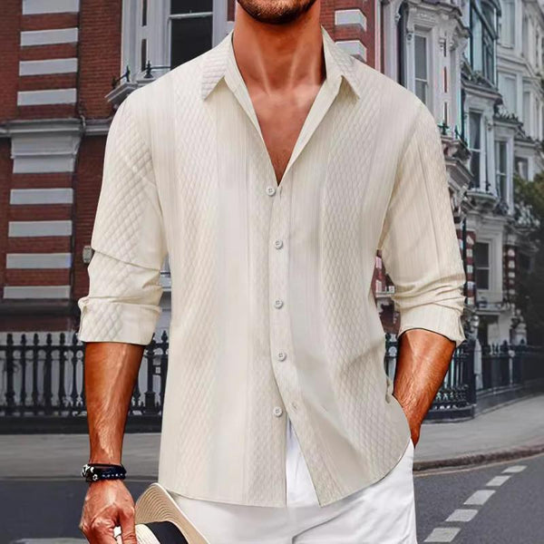 Men's Solid Color Textured Lapel Long Sleeve Shirt 28889733Z