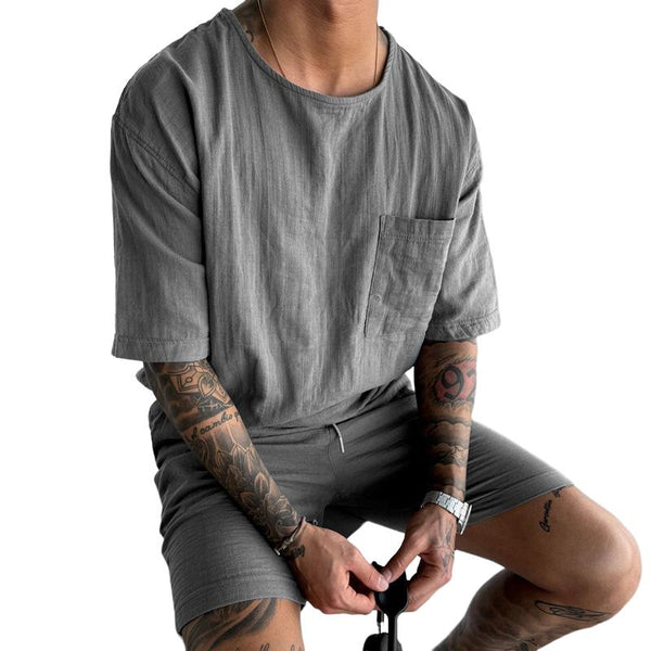 Men's Cotton And Linen Round Neck Chest Pocket Loose Short-Sleeved T-Shirt Shorts Set 37039536Y
