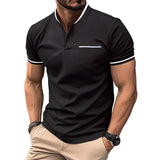 Men's Striped Stitching Stand Collar Short Sleeve Casual Polo Shirt 04013887Z