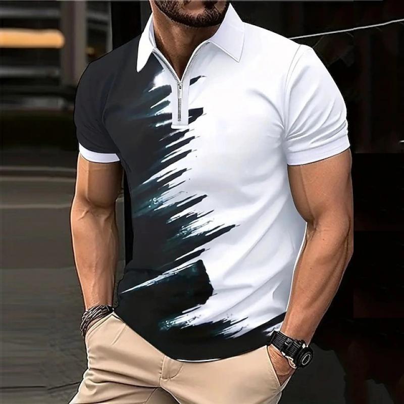 Men's Casual Printed Zipper Lapel Loose Short Sleeve Polo Shirt 52347670M