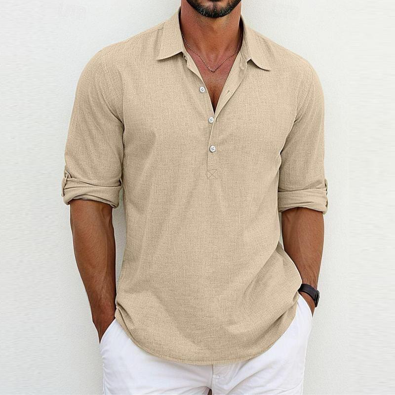 Men's Casual Solid Color Cotton Linen Lapel Pullover Long-Sleeved Shirt 29013762M