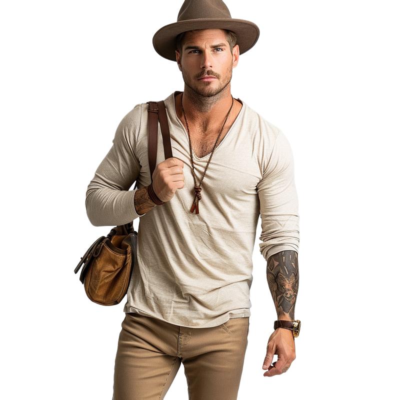 Camiseta informal de algodón con cuello en V y manga larga ajustada para hombre 47300902M