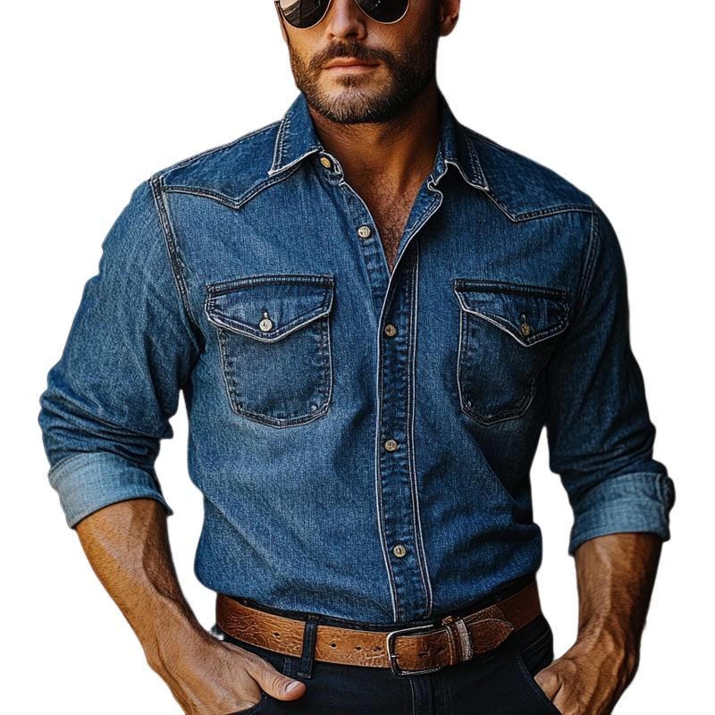 Men's Vintage Blue Washed Denim Long Sleeve Shirt 14438944U