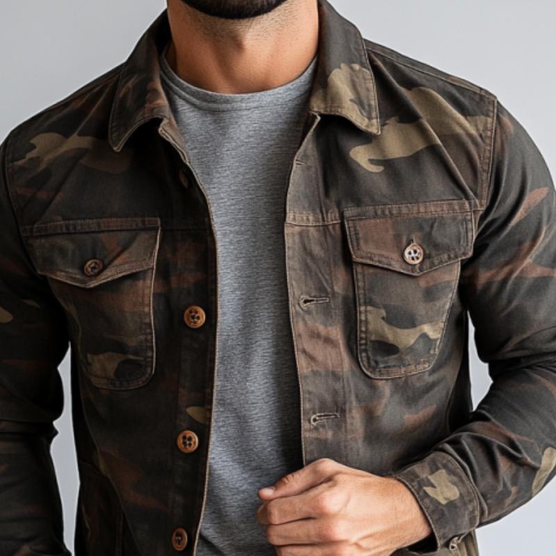 Men's Vintage Camouflage Double Chest Pocket Cargo Long Sleeve Shirt 55787494Y