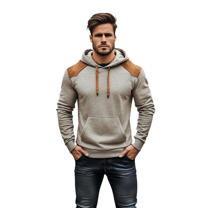 Men's Fashion Cotton Suede Patchwork Slim Fit Kangaroo Pocket Hoodie 57984905M