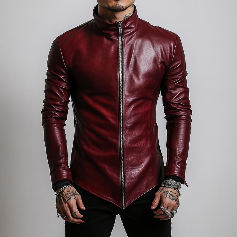 Men's Stylish Casual Stand Collar Slim Fit Leather Jacket 84587076K