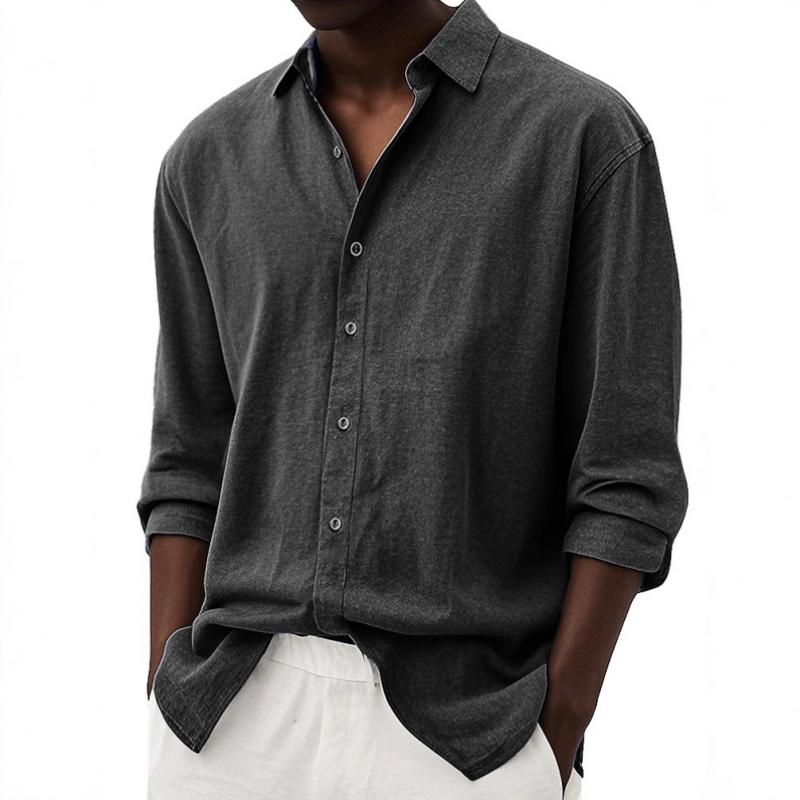 Men's Casual Solid Color Lapel Loose Long-sleeved Shirt 26047947M