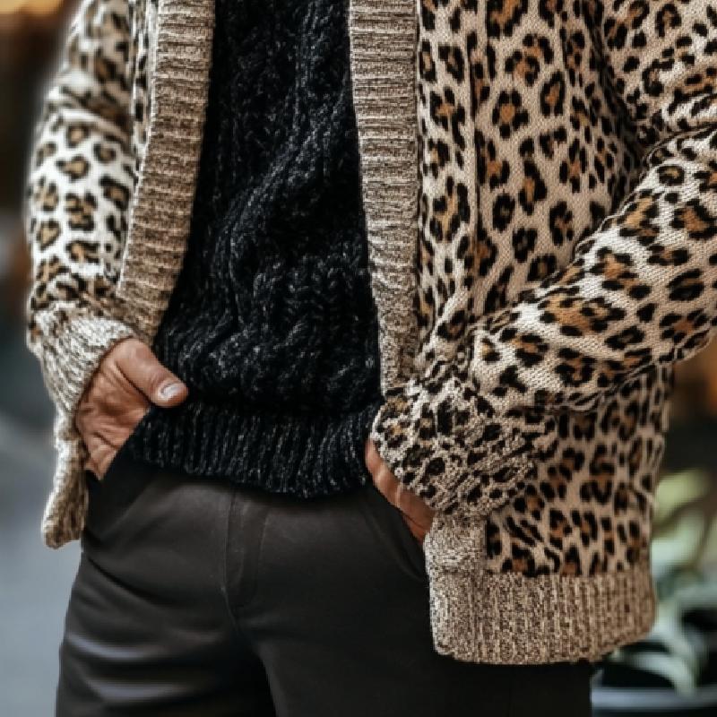 Men's Classic Casual Leopard Print Long Sleeve Knit Cardigan 24157780K