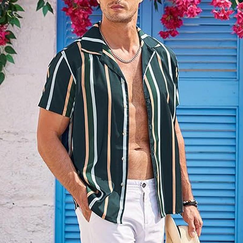 Men's Striped Lapel Short Sleeve Beach Shirt 46259499Z