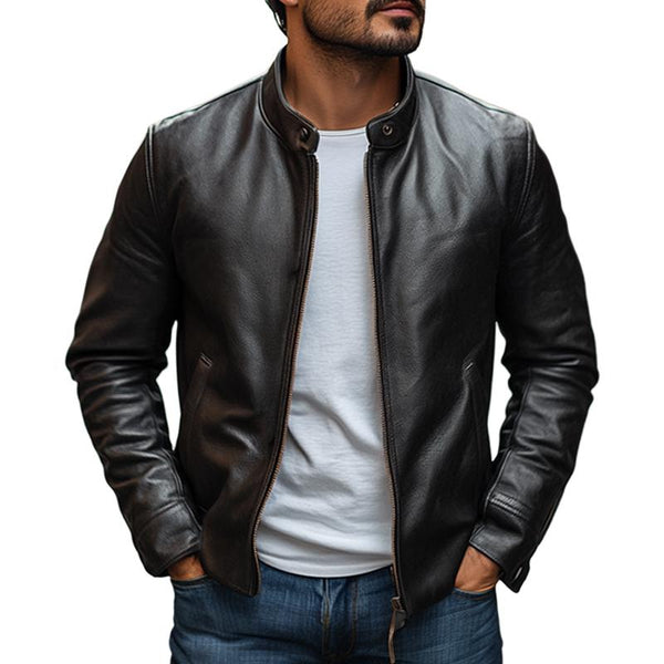 Men's Elegant Stand Collar Slim Zipper Leather Jacket 56943716M