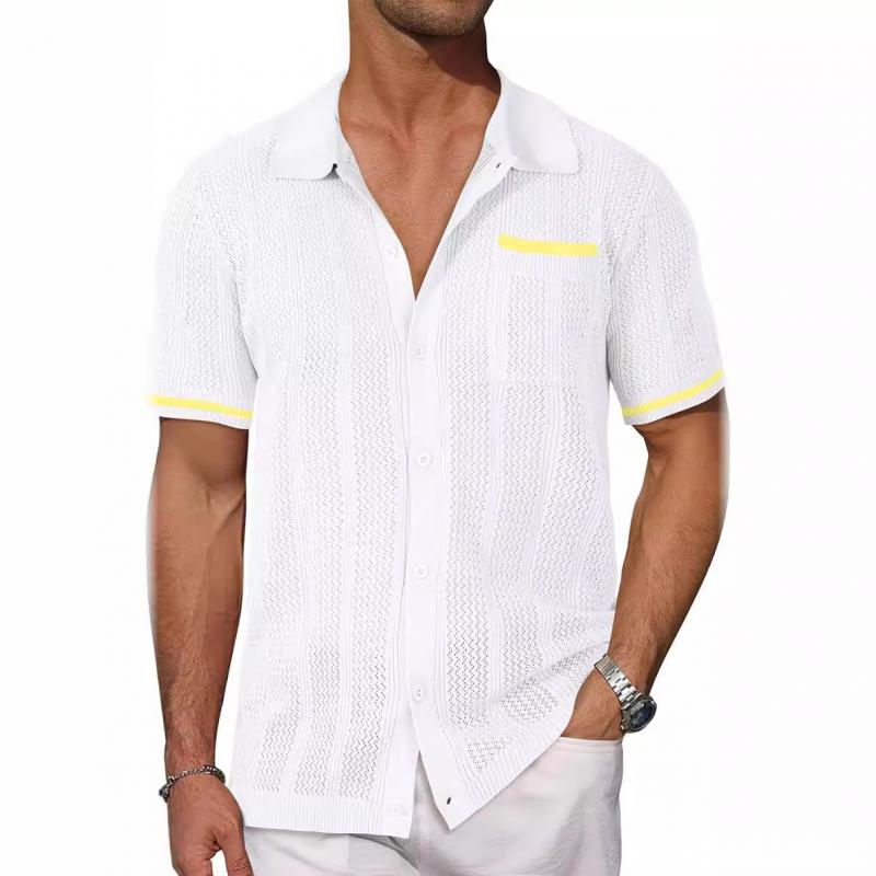 Men's Casual Color Block Lapel Hollow Knitted Short-Sleeved Cardigan 92661052M