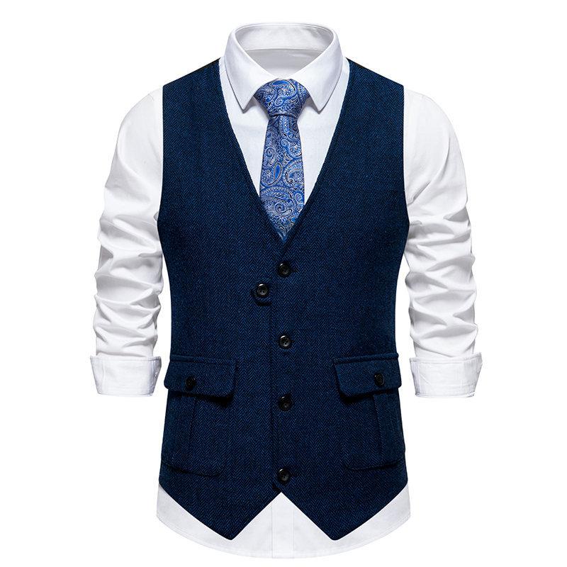 Men's Vintage Herringbone Pocket V-Neck Single Breasted Suit Vest 22210914Y