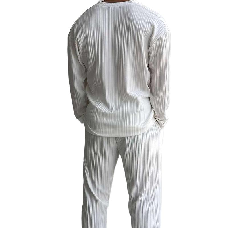 Men's Solid Color Striped V Neck Long Sleeve Shirt Trousers Set 42956045Z