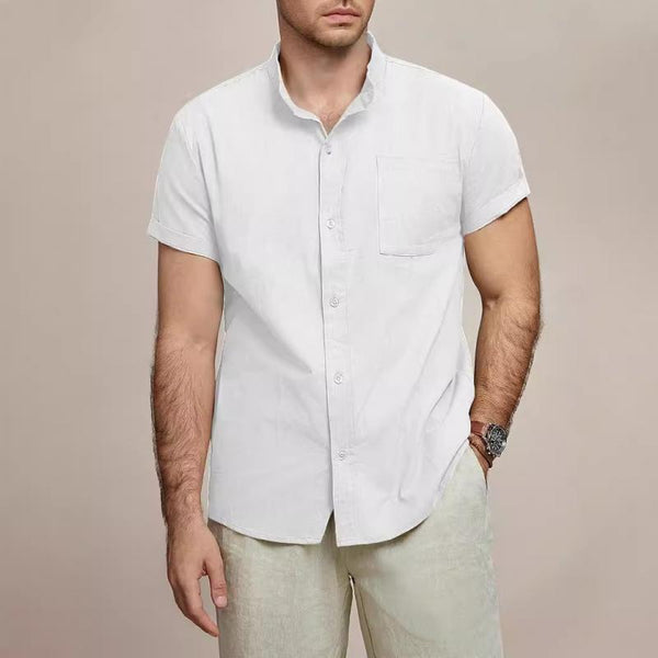 Men's Solid Color Linen Stand Collar Short Sleeve Casual Shirt 12174781Z