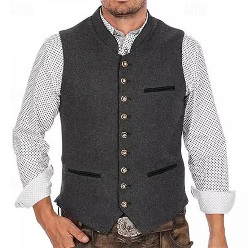 Men's Vintage Woolen Stand Collar Single Breasted Vest 53912309Y