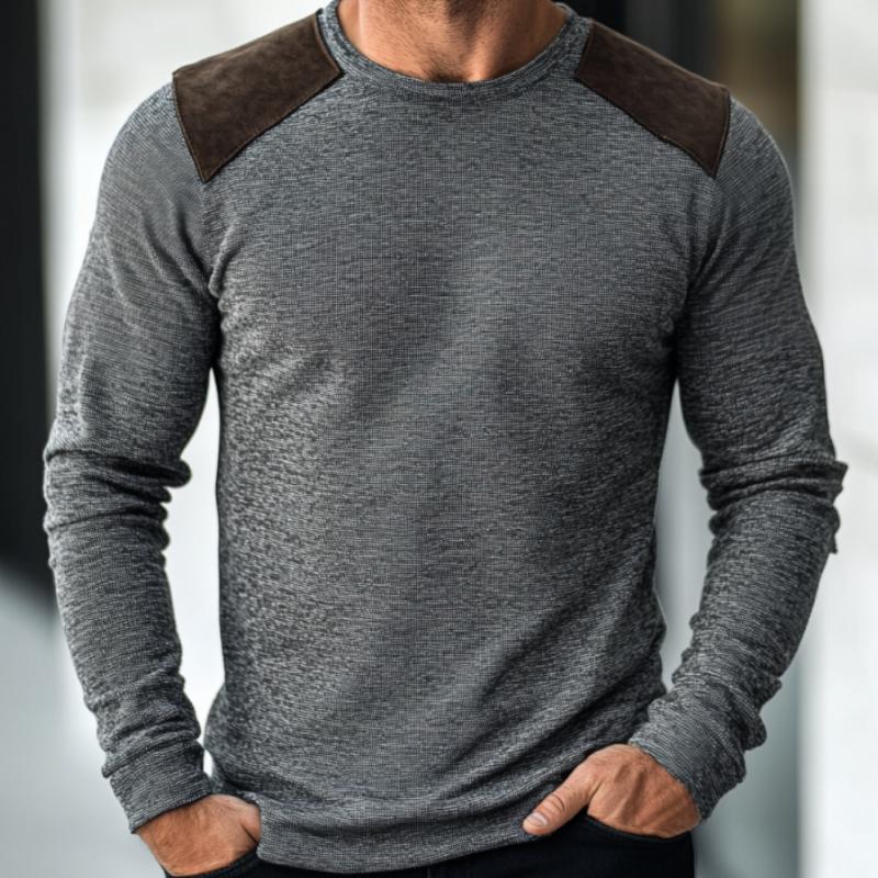 Men's Casual Round Neck Suede Patch Slim Fit Long Sleeve T-shirt 52624266M