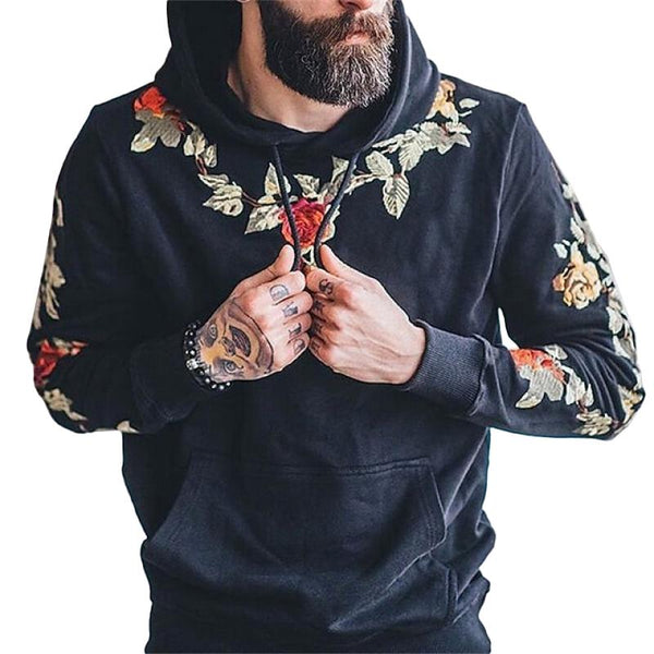 Men's Fashion Flower Embroidery Long Sleeve Loose Hoodie 38944961Z