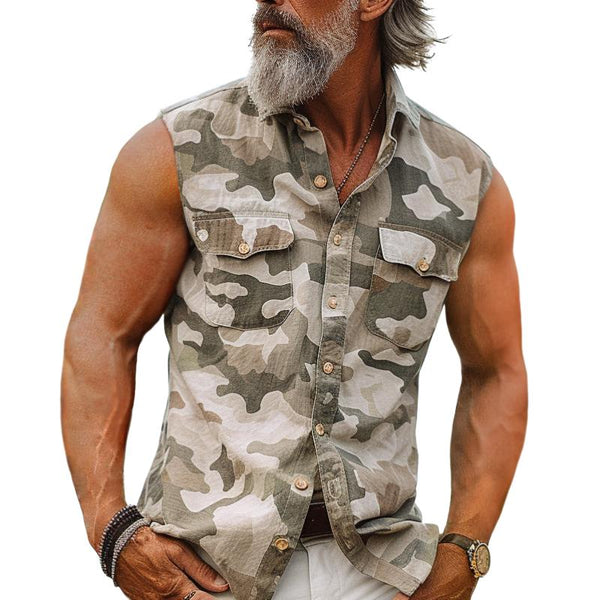 Men's Camouflage Lapel Chest Pocket Cargo Sleeveless Shirt 65724308TO
