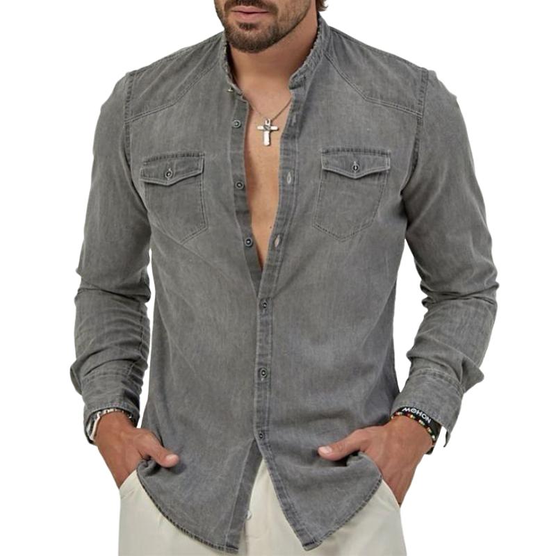 Men's Casual Retro Denim Patchwork Pocket Long Sleeve Shirt 21224251TO