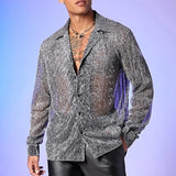 Men's Fashion Shiny Perspective Lapel Long Sleeve Casual Shirt 17020626Z