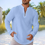 Men's Casual Cotton Linen Button Stand Collar Pullover Long Sleeve Shirt 20641987M