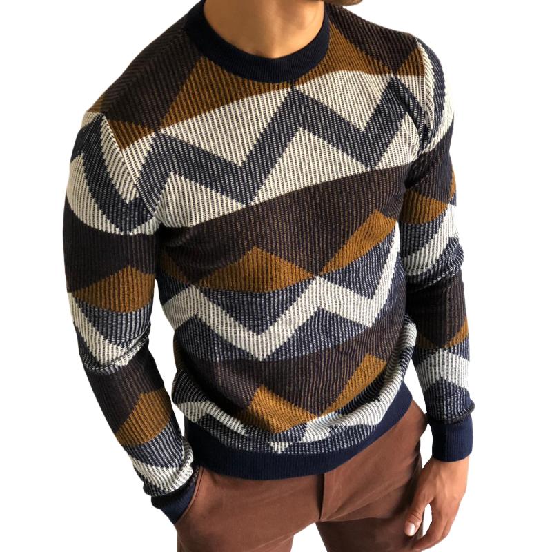 Men's Retro Casual Geometric Colorblock Crewneck Sweater 19204625TO