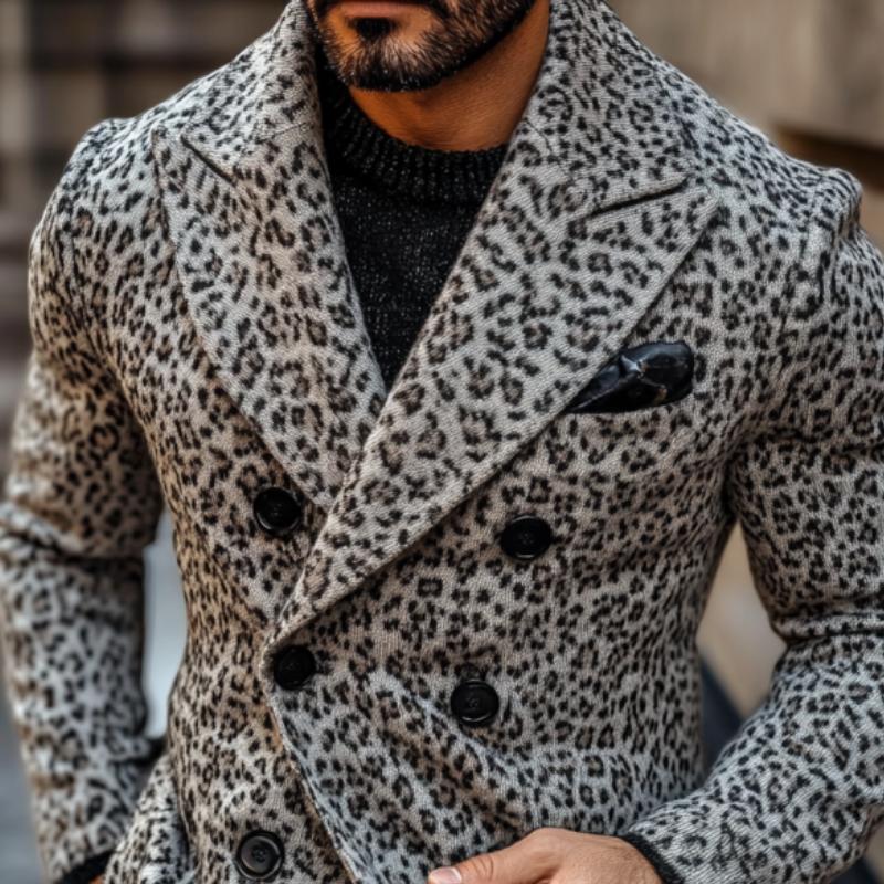 Men's Vintage Leopard Jacquard Peak Lapel Double Breasted Knitted Blazer Cardigan 13584078Y