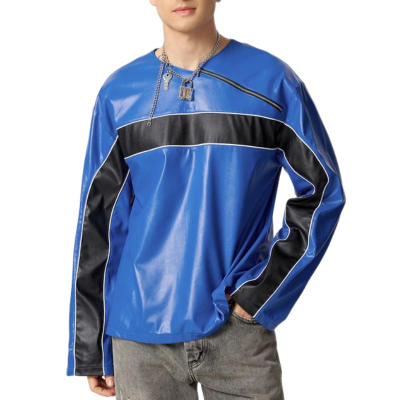 Men's Casual Loose Crew Neck Leather Sweatshirt 04414217F