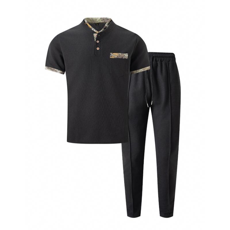 Vaffelfargeblokk for menn med kortermet T-skjorte og buksesett 95966894Y