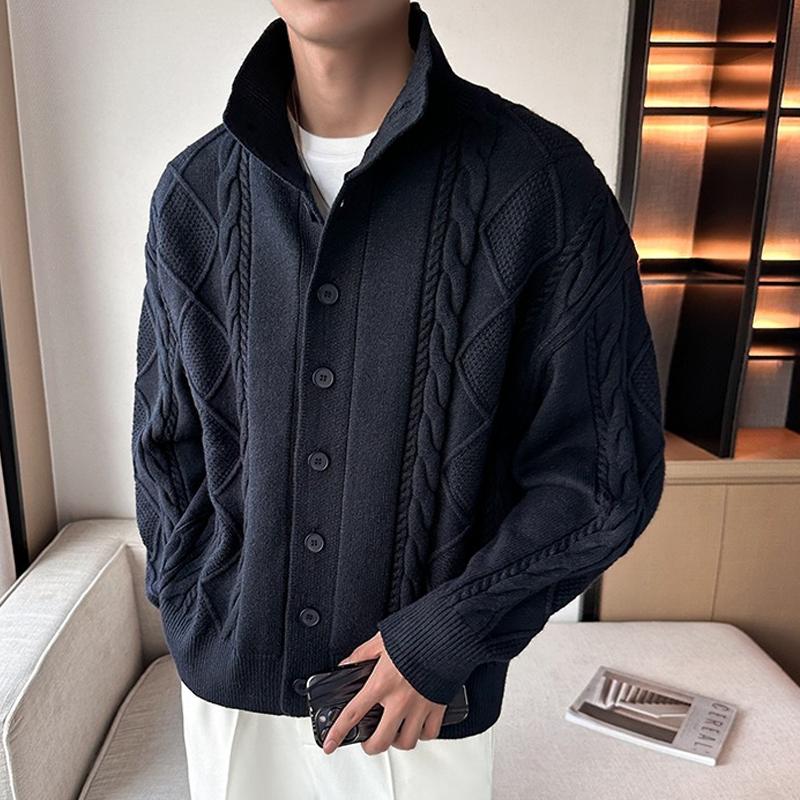 Men's Solid Color Cable Stand Collar Single Breasted Knit Cardigan 49962548Z