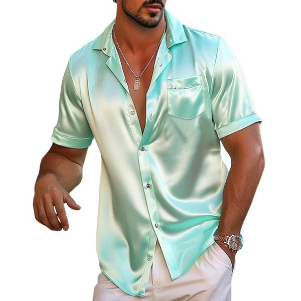 Men's Casual Silk Blend Lapel Patch Pocket Short Sleeve Shirt 94035672M