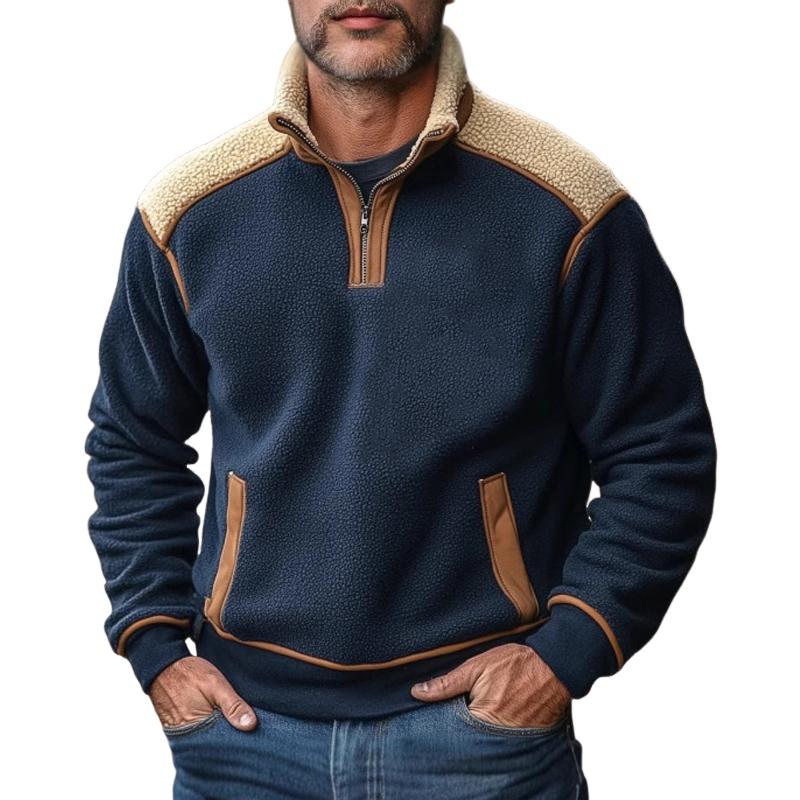 Men's Retro Stand Collar Lambswool Splicing Sweatshirt 69174461U