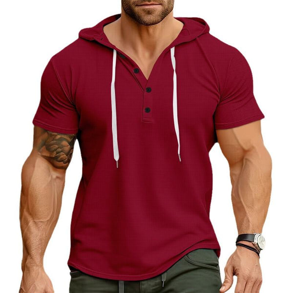 Men's Casual Henley Collar Waffle Slim Fit Short Sleeve Hoodie 42061428M