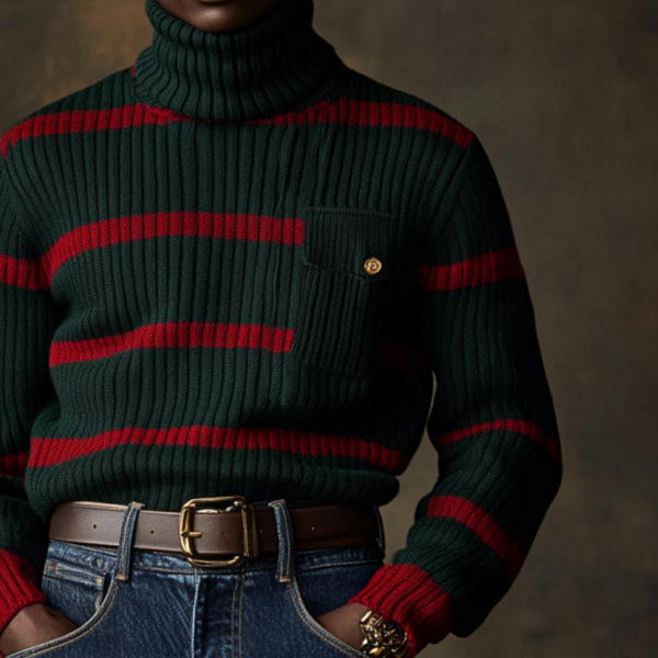 Men's Vintage Christmas Color-Blocked Striped Knitted Turtleneck Chest Pocket Sweater 76961812Y