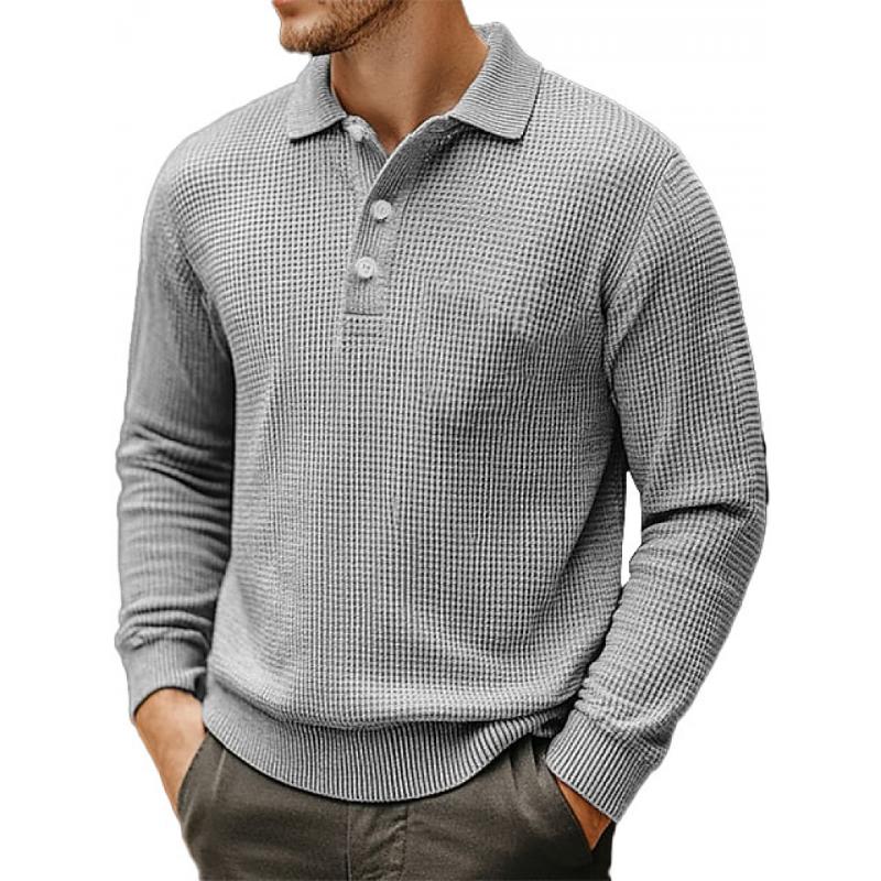 Men's Casual Waffle Loose Lapel Long Sleeve Polo Shirt 98910967M