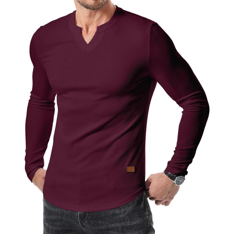 Men's Casual Solid Color Striped V-Neck Slim Fit Long Sleeve T-Shirt 49305594M