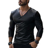 Men's Classic Casual V-Neck Leather Long Sleeve T-Shirt 07271932K