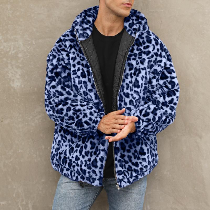 Men's Fashion Leopard Print Warm Fleece Zipper Padded Bomber Jacket 83611903M