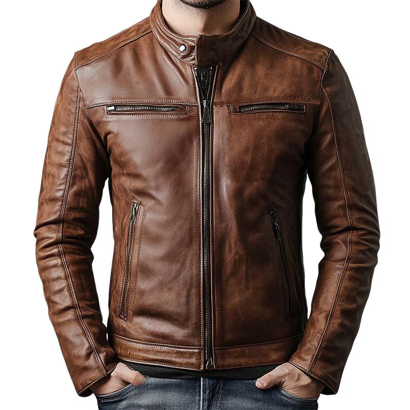 Men's Classic Vintage Slim Stand Collar Leather Jacket 39737727K