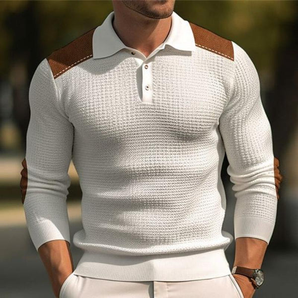 Men's Casual Lapel Suede Patchwork Slim Fit Long Sleeve Polo Shirt 37091964M