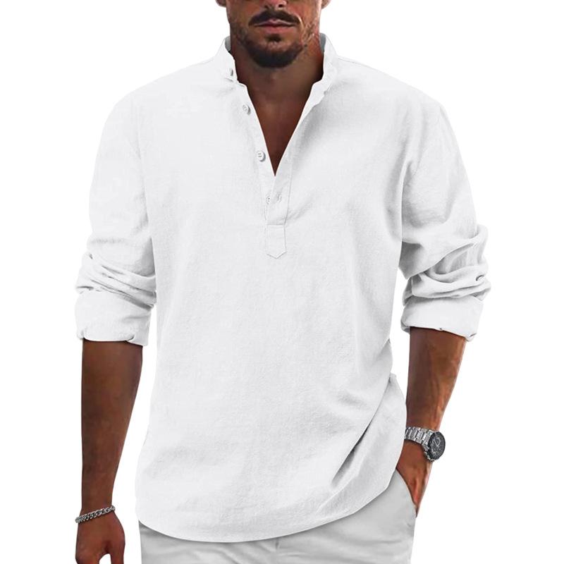 Men's Cotton And Linen Solid Henley Collar Long Sleeve Shirt 37752136Z