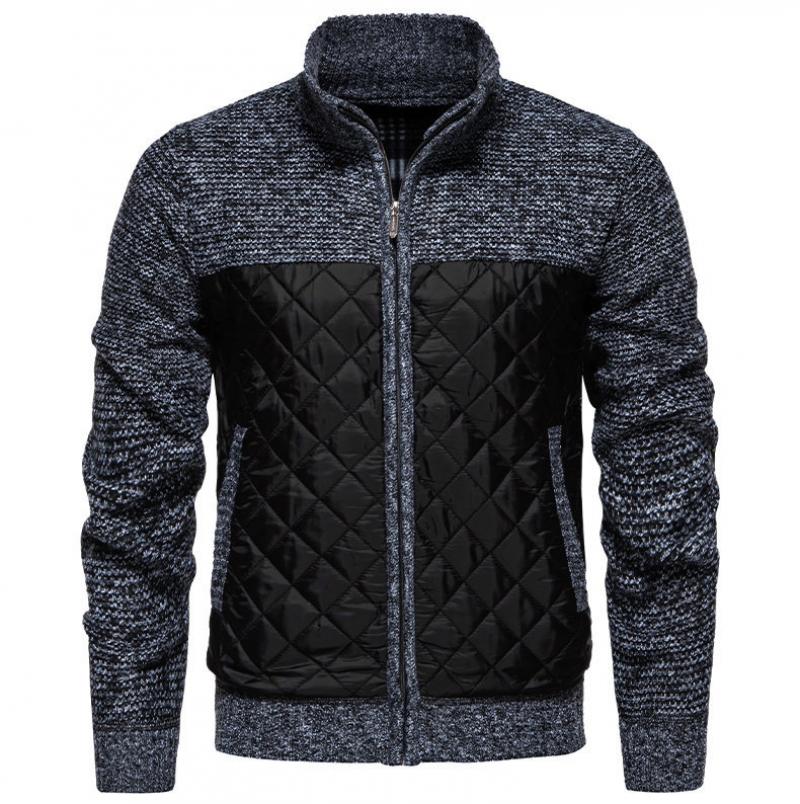 Men's Knitted Patchwork Stand Collar Zippered Plush Jacket 14091352Y