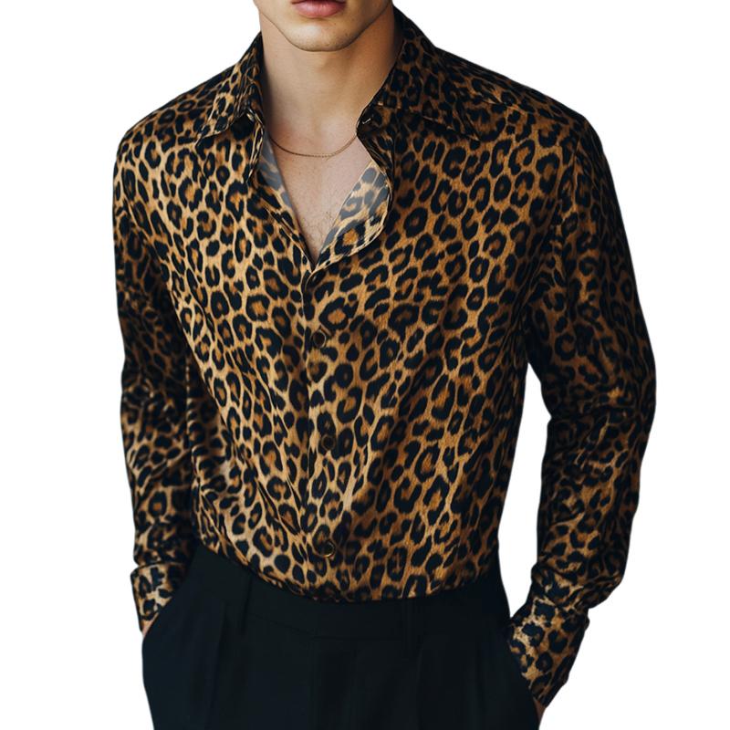 Men's Retro Casual Leopard Print Lapel Long Sleeve Shirt 53775286TO