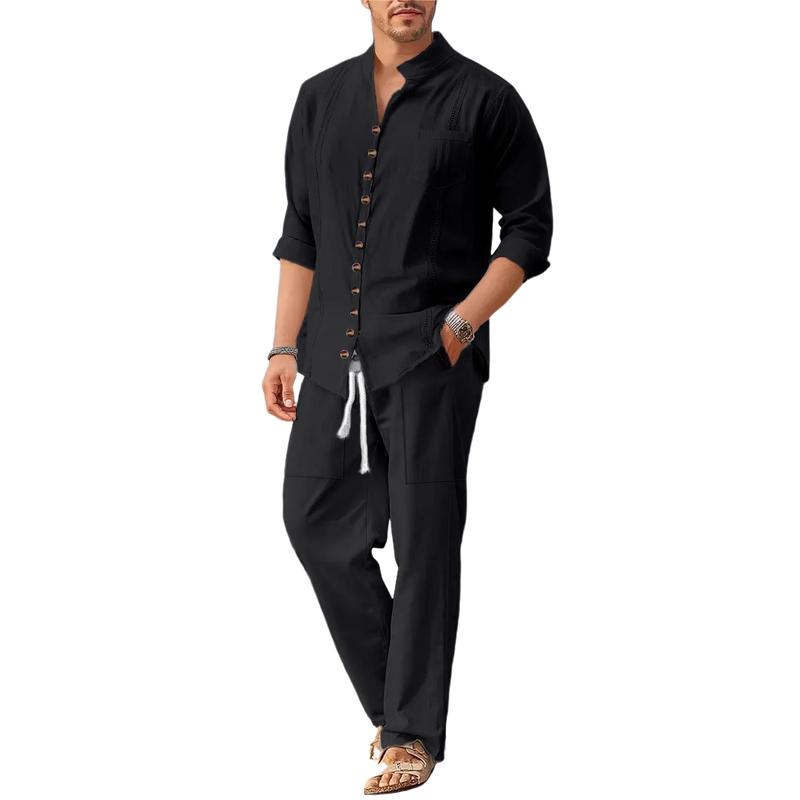 Men's Solid Color Casual Loose Long Sleeves and Long Pants Beach Two-piece Set 60645591X