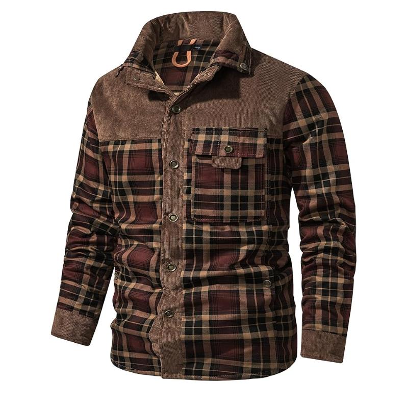 Men's Retro Check Stitching Corduroy Lining Plush Warm Jacket 19396468Y