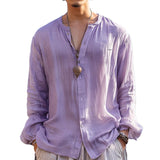 Men's Round Neck Cotton and Linen Long Sleeve Shirt 38581530X
